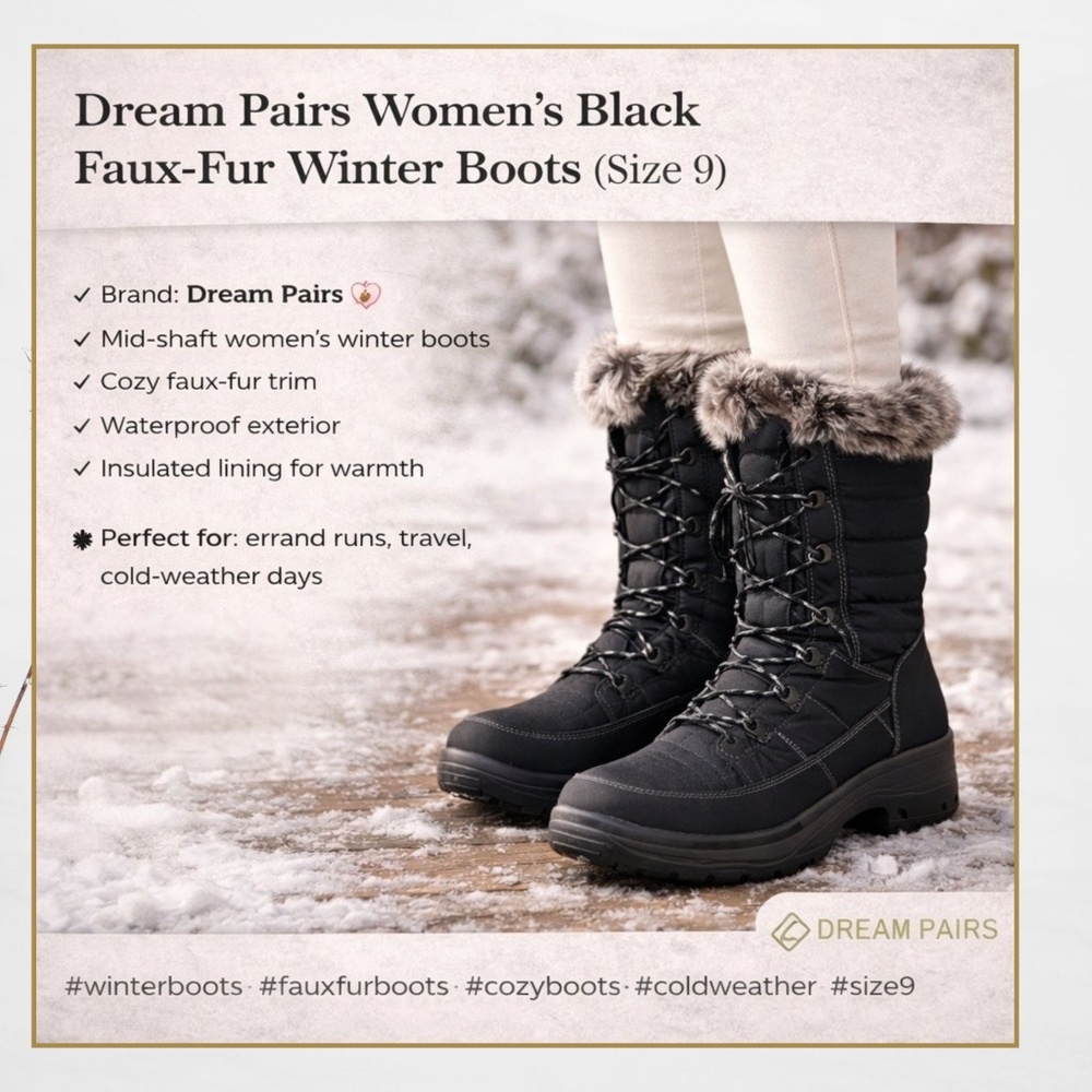 Dream Pairs Black Faux-Fur Winter Boots | Cozy Cold-Weather Essential | Size 9